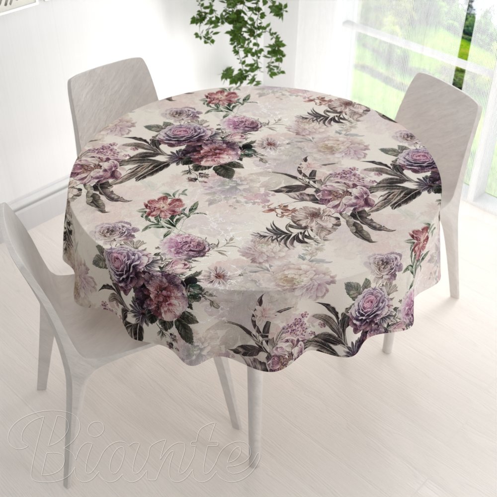 Dekorační kulatý ubrus Parma PM-112 Fialové květy na smetanovém - detail 1 - Biante.cz