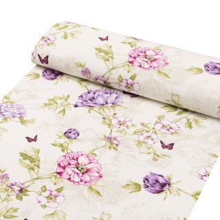 Bavlněná látka/plátno Sandra SA-532 Fialové květiny s motýlky na světle krémovém - šířka 160 cm - detail 1 - Biante.cz