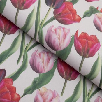 Dekorační látka Terra TRA-001 Tulipány na kouřově šedém - šířka 150 cm