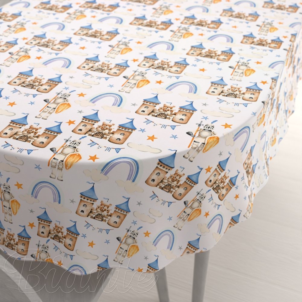 Dětský bavlněný oválný ubrus Sandra SA-666 Modro-hnědé hrady a rytíři na bílém - Biante.cz