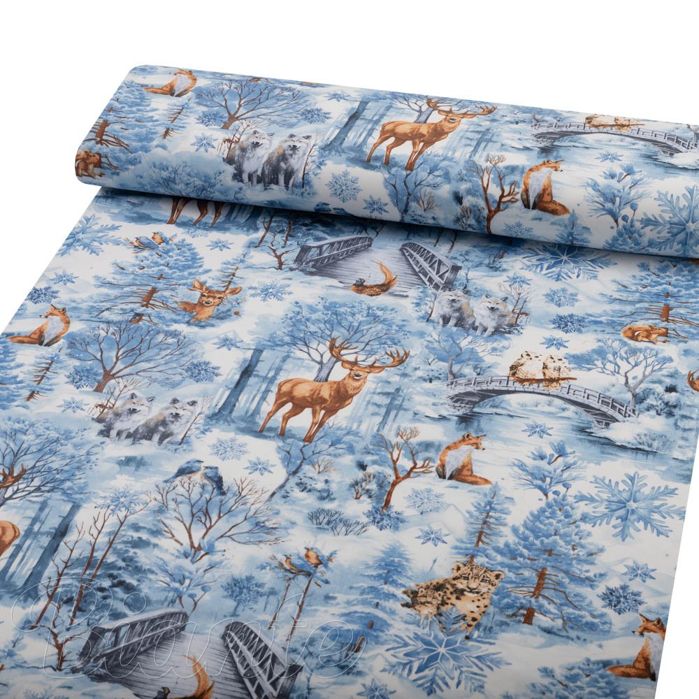 Bavlněná látka/plátno Sandra SA-674 Lesní zvířata v zimním lese na modrém - šířka 160 cm - detail 1 - Biante.cz