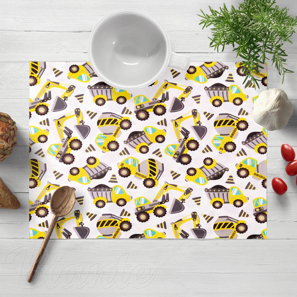 Dětské bavlněné prostírání na stůl Sandra SA-291 Žlutá stavební auta na bílém - Biante.cz