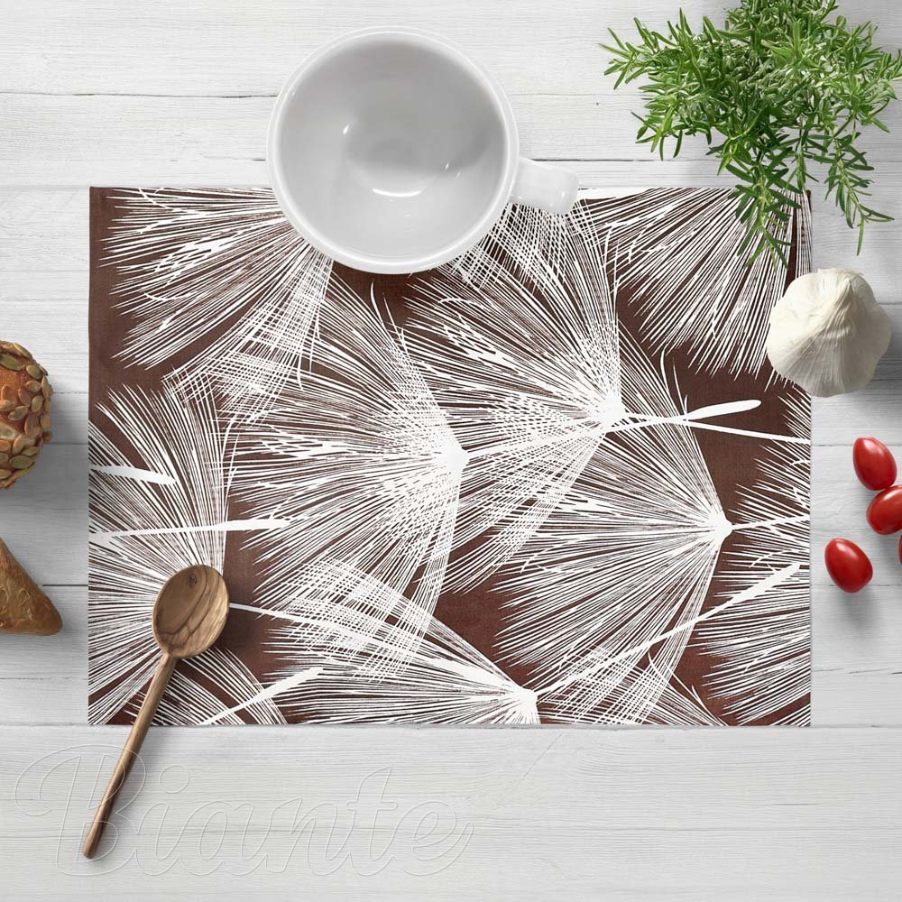 Bavlnené prestieranie na stôl Sandra SA-499 Biele abstraktné páperie na hnedom - Biante.sk