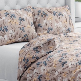 Bavlnené posteľné obliečky Sandra SA-637 Modro-béžovo-biele kosatce na sivobéžovom - Biante.sk