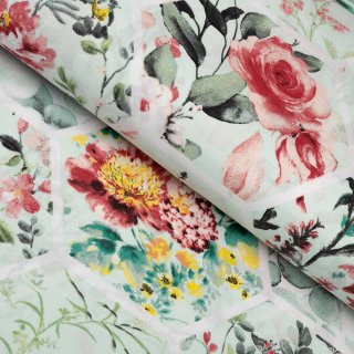 Bavlněná látka/plátno Sandra SA-415 Květiny na mintovém hexagonu - šířka 160 cm - Biante.cz