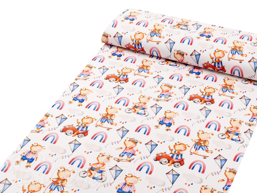 Dětská bavlněná látka/plátno Sandra SA-521 Modro-červení pejsci s auty na bílém - šířka 160 cm - detail 1 - Biante.cz