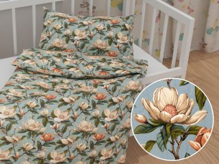 Dětské bavlněné povlečení do postýlky Sandra SA-545 Květy magnolie na šedomodrém - Biante.cz Dětské bavlněné povlečení do postýlky Sandra SA-545 Květy magnolie na šedomodrém - Biante.cz