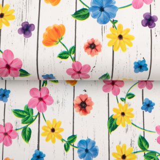 PVC obrus Farebné kvety na bielom drevodekore PV-110 - metráž š. 140 cm - detail 1 - Biante.sk