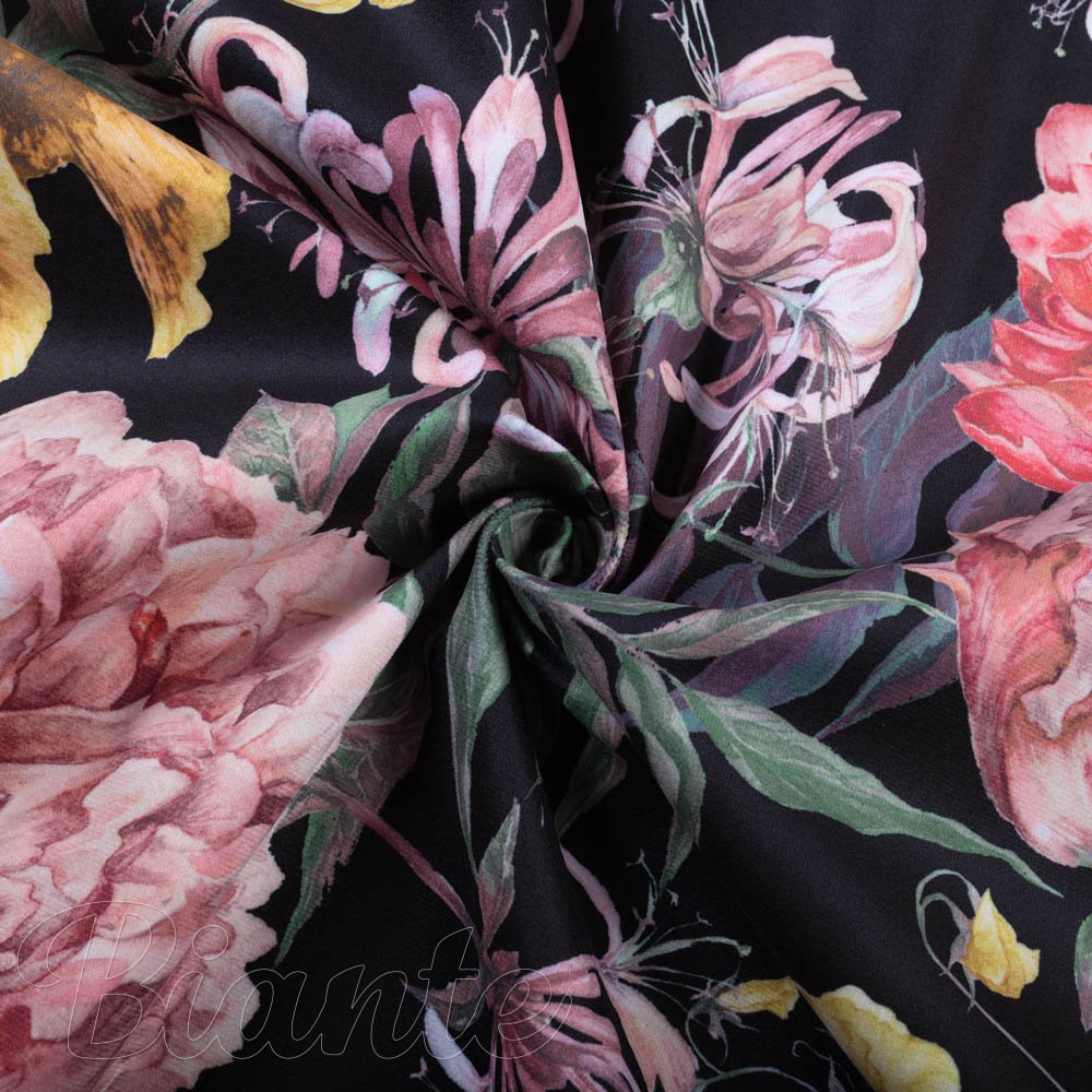 Sametová látka Tamara TMR-019 Zahradní květy na černém - šířka 150 cm - detail 2 - Biante.cz