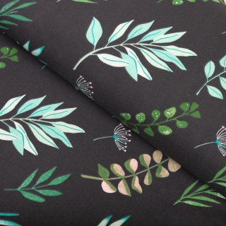 Bavlněná látka/plátno Sandra SA-556 Větvičky s lístky na černém - šířka 160 cm - Biante.cz