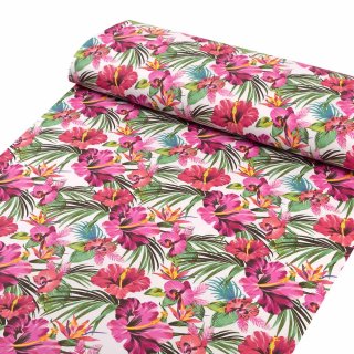 Bavlněná látka/plátno Sandra SA-555 Růžovo-červené havajské květy na bílém - šířka 220 cm - detail 1 - Biante.cz