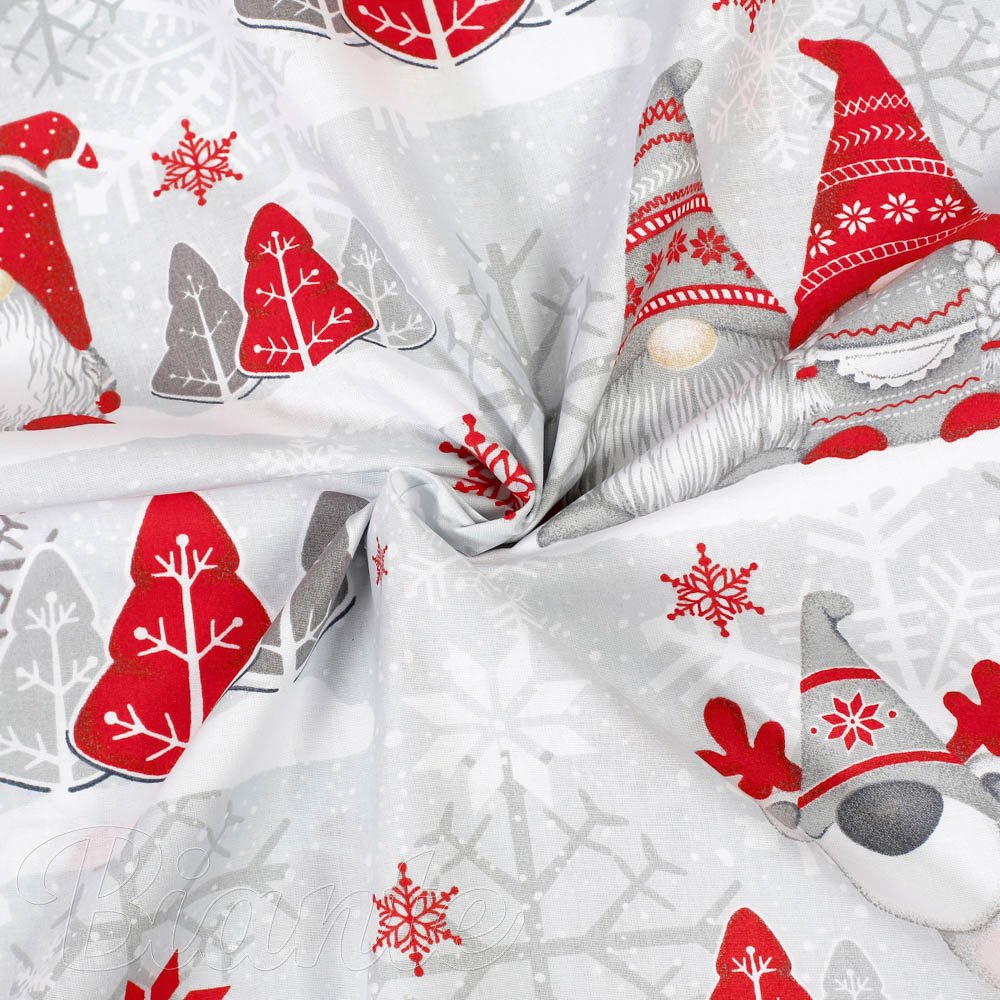 Vánoční bavlněná látka/plátno Sandra SA-133 Červení skřítci na světle šedém - šířka 160 cm - detail 2 - Biante.cz