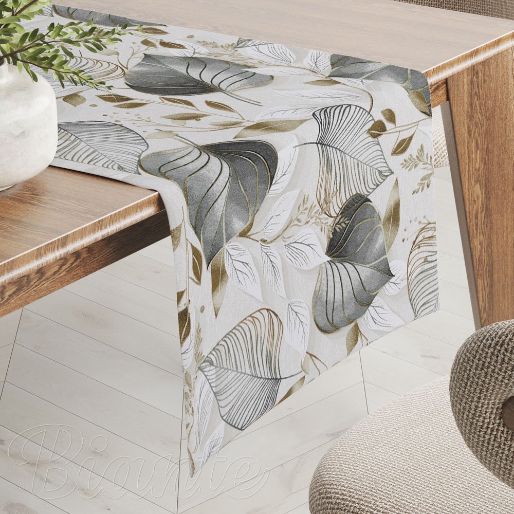 Dekorační běhoun na stůl Leona LN-173 Šedé listy na režném - Biante.cz