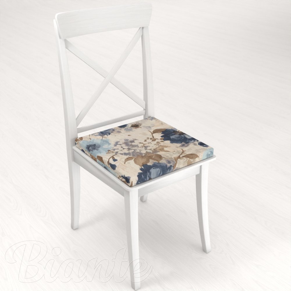 Štvorcový podsedák Parma PM-113 Modré kvety na smotanovom - 38x38x3 cm - detail 1 - Biante.sk