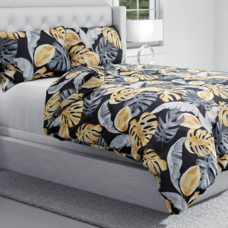 Bavlněné ložní povlečení Sandra SA-228 Šedé a zlaté tropické listy na černém - detail 1 - Biante.cz