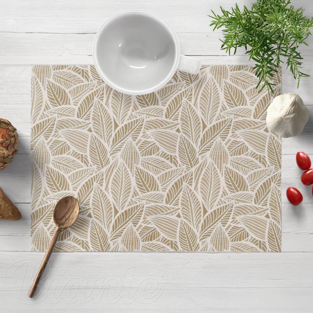 Dekorační prostírání na stůl Leona LN-168 Bílé listy na světle hnědém - Biante.cz