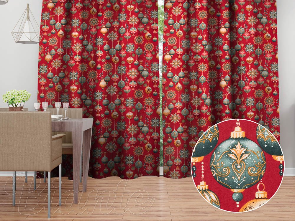 Bavlněný závěs na míru Sandra SA-528 Vánoční baňky na červeném - Biante.cz