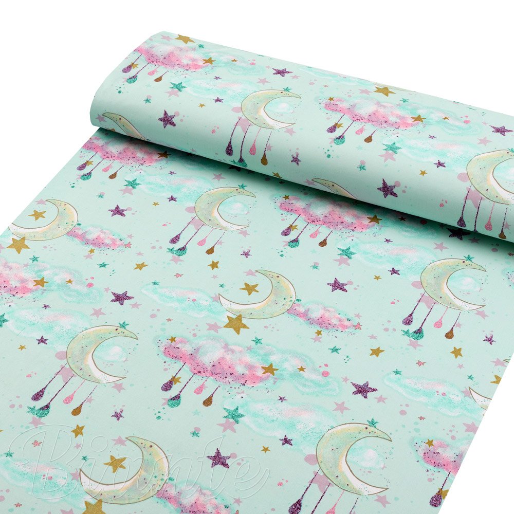 Dětská bavlněná látka/plátno Sandra SA-522 Měsíční obloha na mintovém - šířka 160 cm - detail 1 - Biante.cz