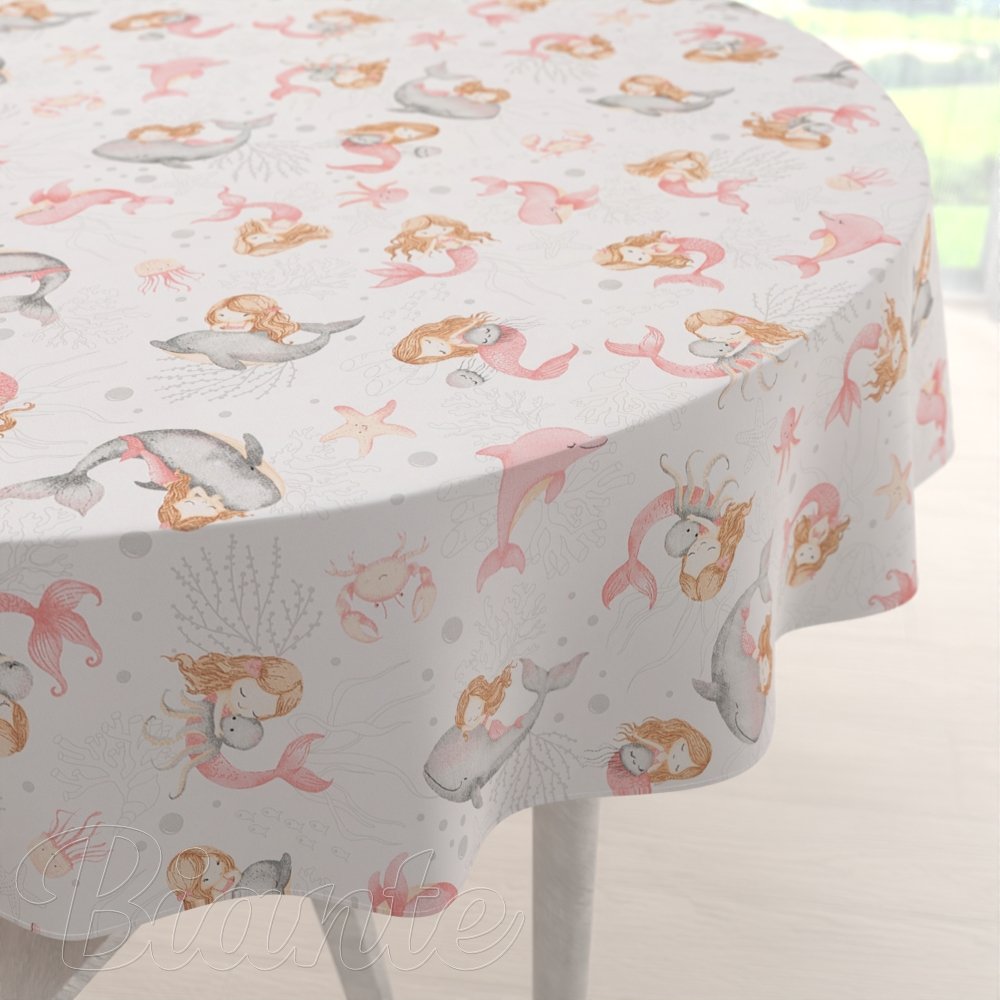 Detský bavlnený okrúhly obrus Sandra SA-527 Ružové morské panny s delfínmi a veľrybami na bielom - Biante.sk