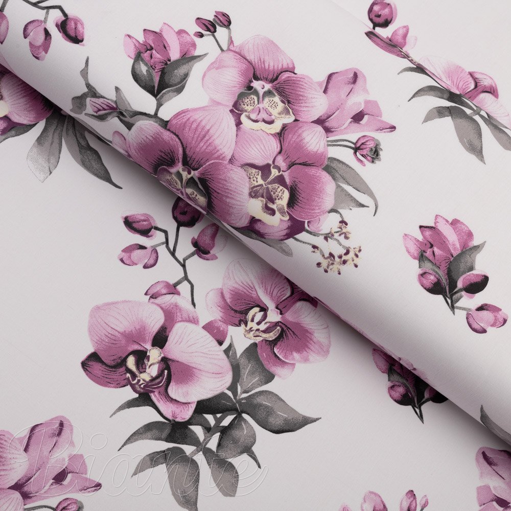 Bavlněná látka/plátno Sandra SA-623 Lila orchideje na bílém - šířka 160 cm - Biante.cz