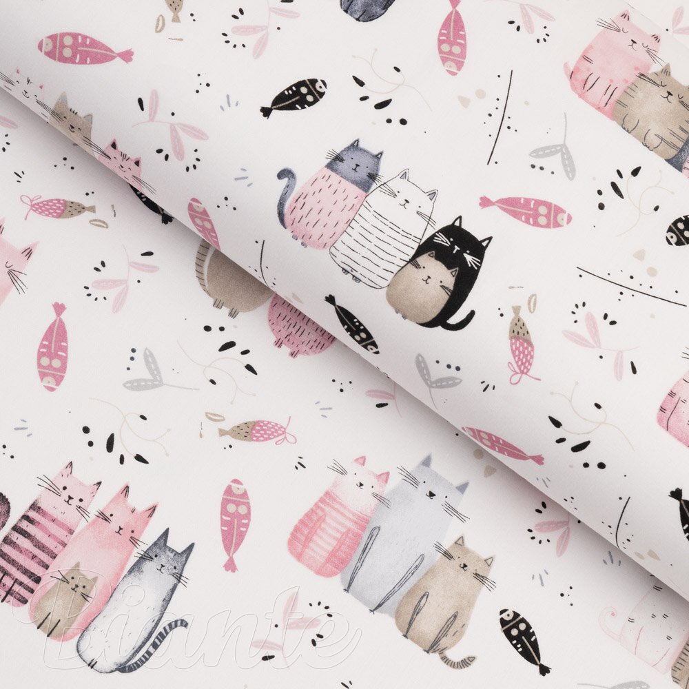 Dětská bavlněná látka/plátno Sandra SA-654 Kočičí svět růžovo-hnědý na bílém - šířka 160 cm - Biante.cz