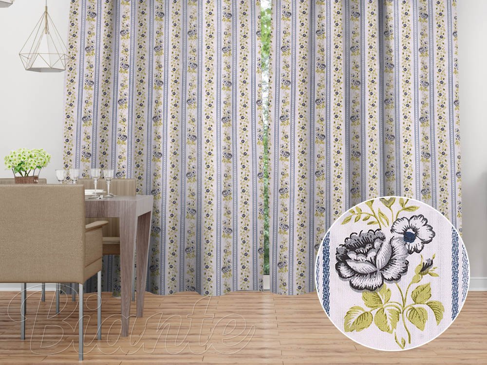 Bavlněný závěs Sandra SA-348 Šedé popínavé květy a modré pruhy - Biante.cz