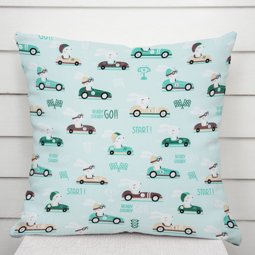 Dětský bavlněný povlak na polštář Sandra SA-375 Zaječí automobilové závody na mintovém - Biante.cz