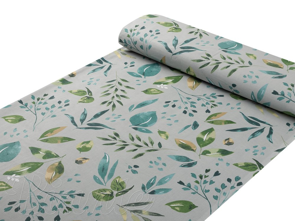 Bavlněná látka/plátno Sandra SA-430 Modro-zelené listy na šedém - šířka 160 cm - detail 1 - Biante.cz