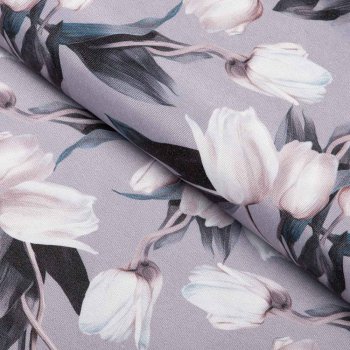 Dekoračná látka PML-034 Biele tulipány na sivom - šírka 150 cm