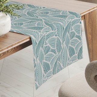 Dekorační běhoun na stůl Leona LN-166 Bílé listy na modrozeleném - Biante.cz Dekorační běhoun na stůl Leona LN-166 Bílé listy na modrozeleném - Biante.cz