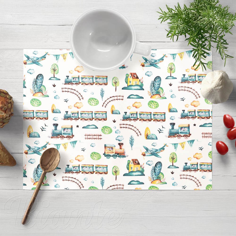 Dětské bavlněné prostírání na stůl Sandra SA-659 Modrozelené vláčky s letadýlky na bílém - Biante.cz