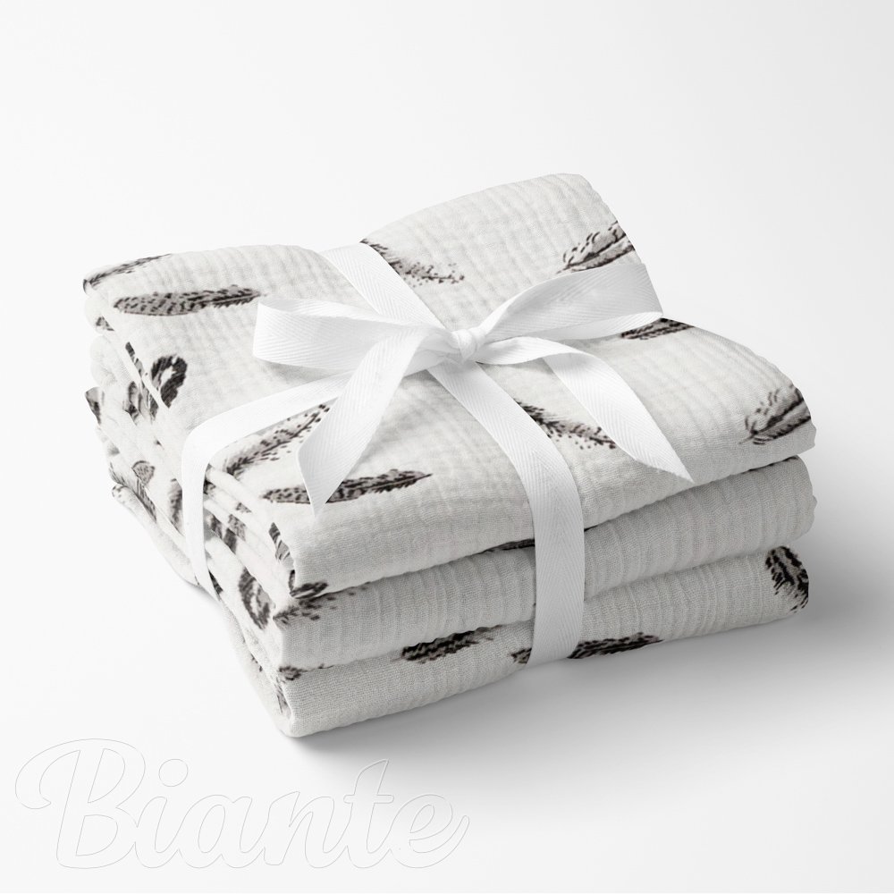 Mušelínová utěrka Nature MSN-074 Černošedá peříčka na krémově bílém - sada 3 ks - Biante.cz