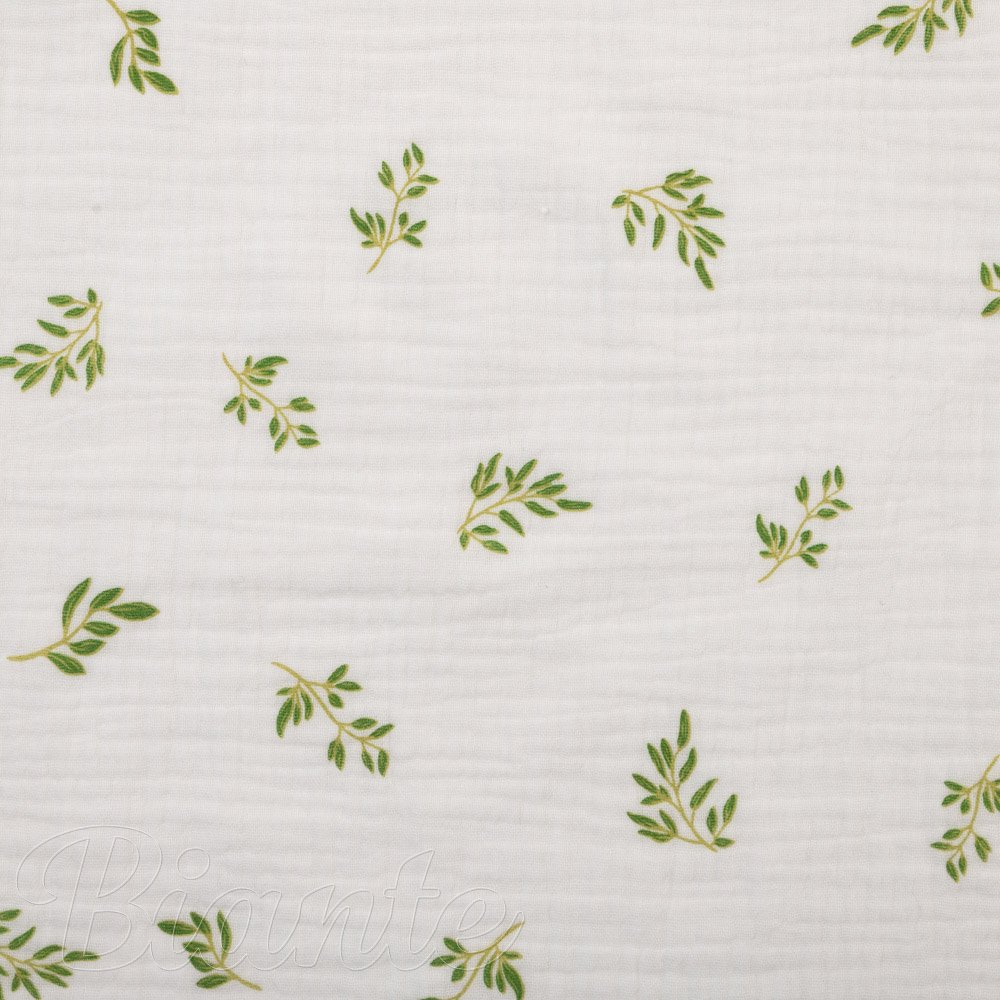 Mušelín dvojitá gázovina MSN-081 Zelené větvičky na bílém - metráž šířka 160 cm - detail 8 - Biante.cz