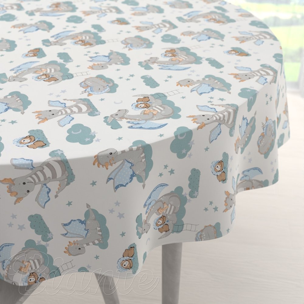 Dětský bavlněný kulatý ubrus Sandra SA-689 Dráčci s medvídky na modrozelených obláčcích na bílém - Biante.cz