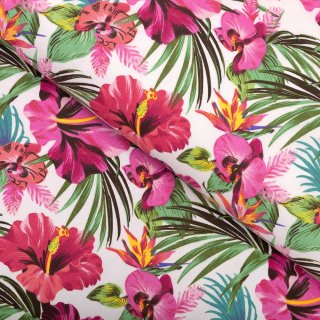 Bavlnená látka/plátno Sandra SA-555 Ružovo-červené havajské kvety na bielom - šírka 220 cm - Biante.sk