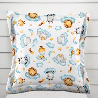 Dětský bavlněný povlak na polštář s lemem Sandra SA-693 Africká zvířátka na modrých obláčcích na bílém - Biante.cz Dětský bavlněný povlak na polštář s lemem Sandra SA-693 Africká zvířátka na modrých obláčcích na bílém - Biante.cz