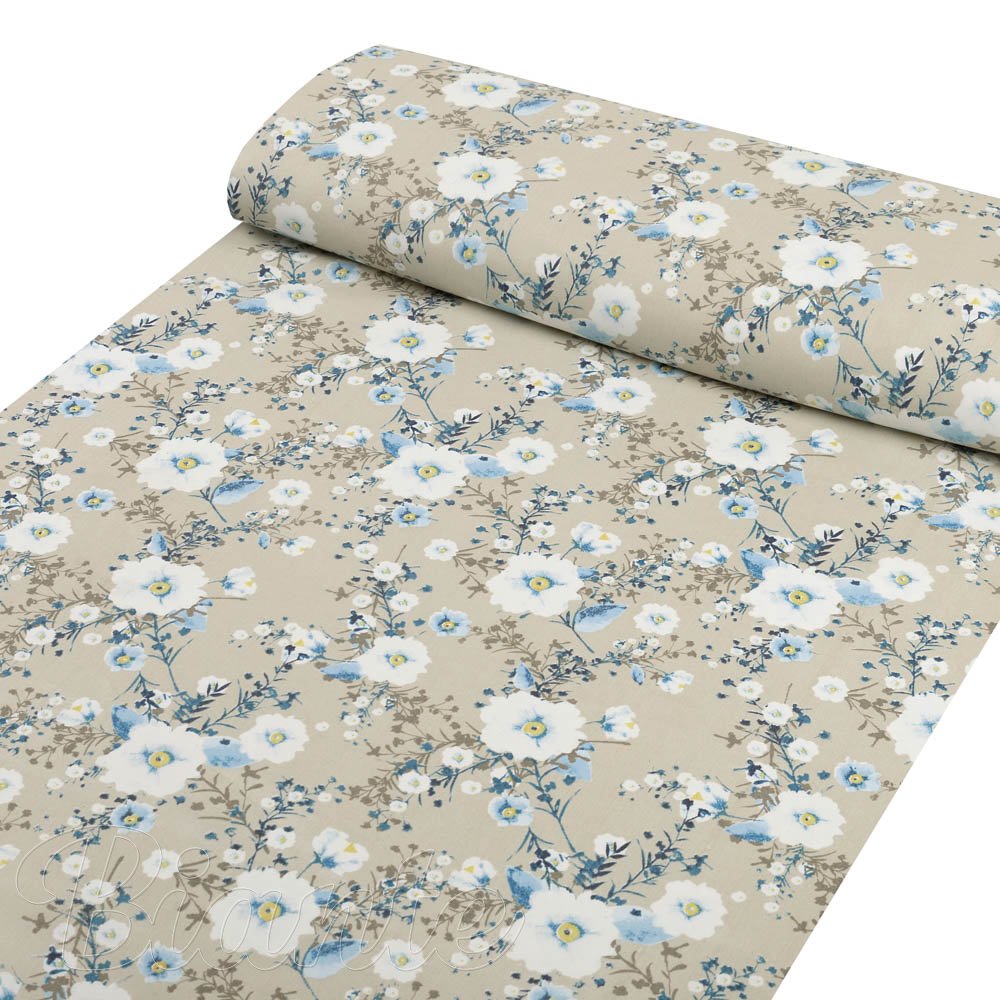 Bavlněná látka/plátno Sandra SA-552 Modré pnoucí květy na béžovém - šířka 160 cm - detail 1 - Biante.cz