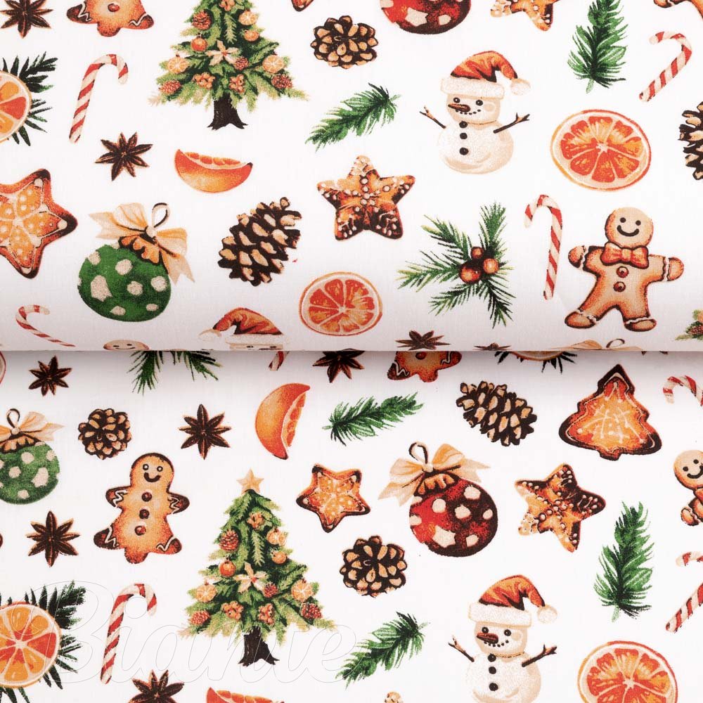 Vánoční bavlněná látka/plátno Sandra SA-516 Vánoční perníčky a ozdoby na bílém - šířka 160 cm - detail 2 - Biante.cz