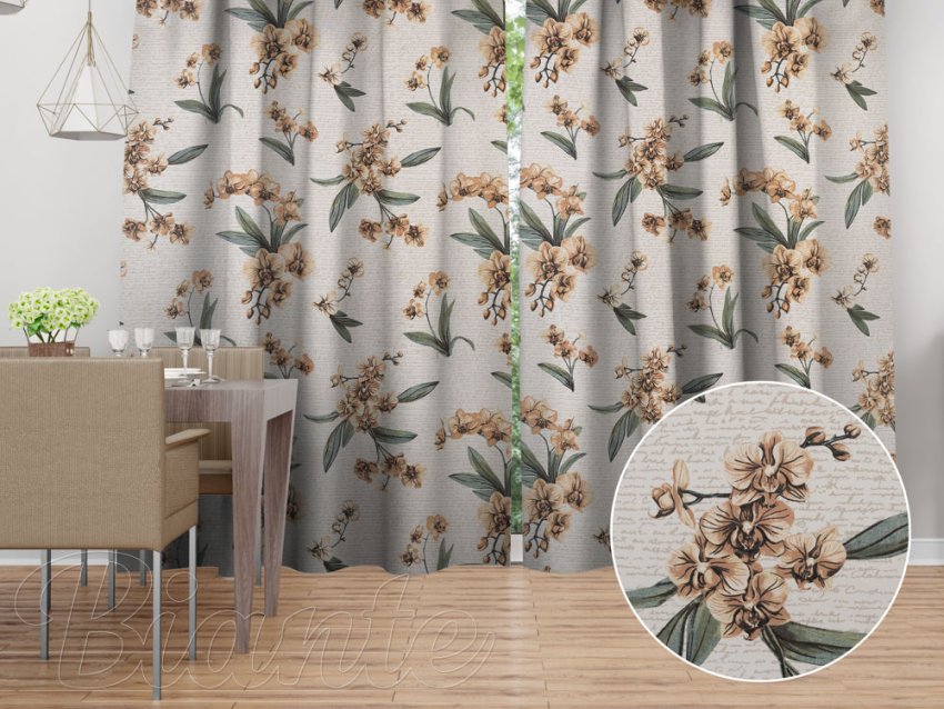 Bavlněný závěs Sandra SA-624 Hnědé orchideje na bílém - Biante.cz