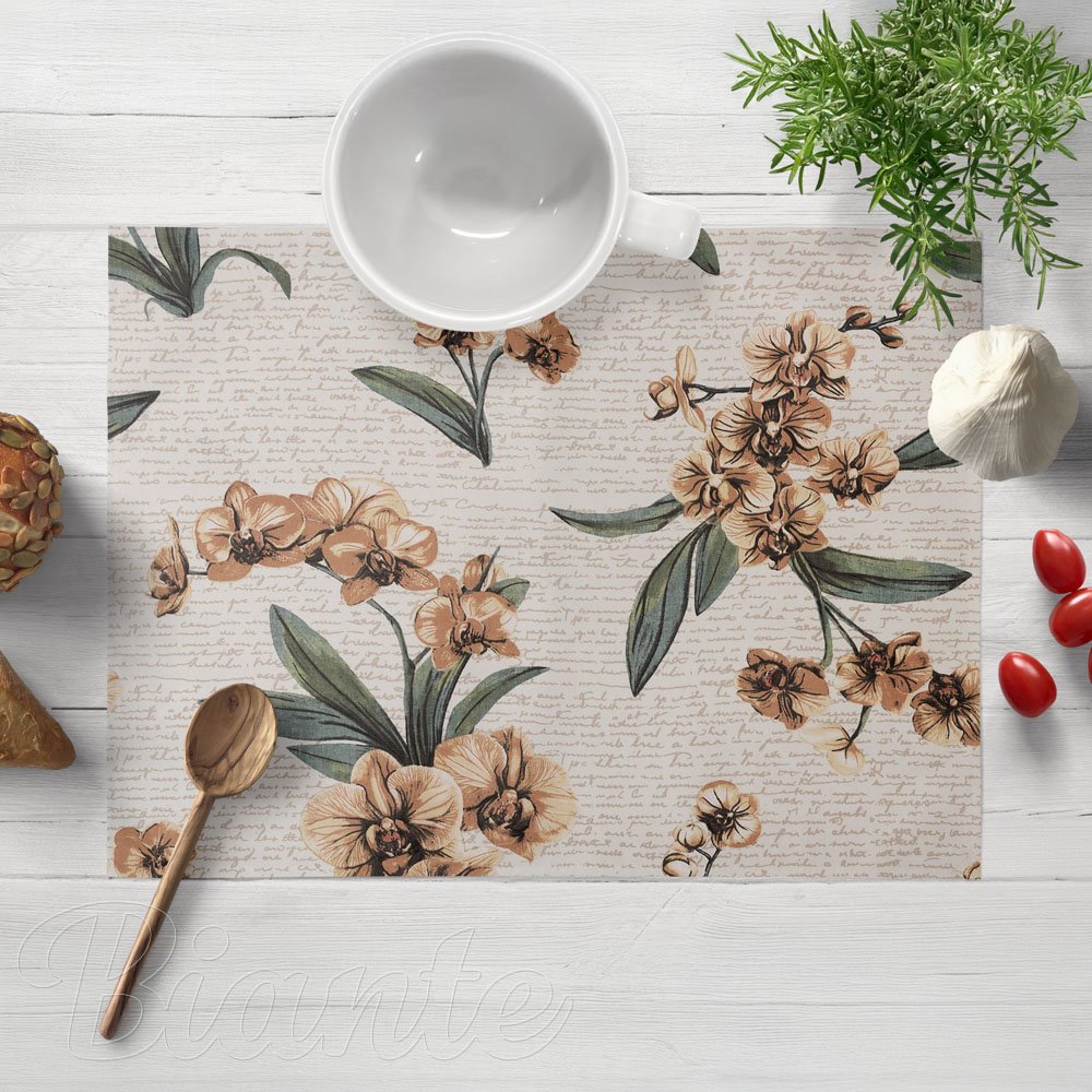 Bavlnené prestieranie na stôl Sandra SA-624 Hnedé orchidey na bielom - Biante.sk