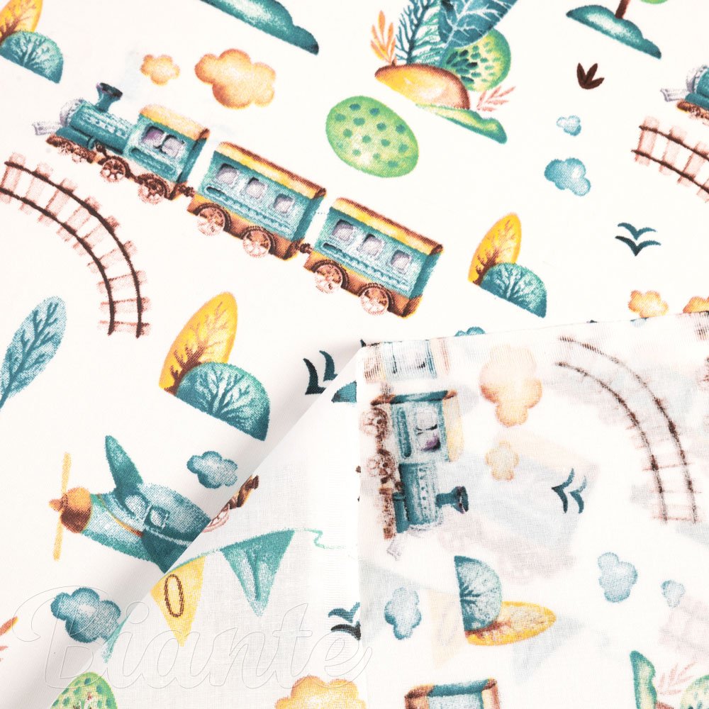 Dětská bavlněná látka/plátno Sandra SA-659 Modrozelené vláčky s letadýlky na bílém - šířka 160 cm - detail 4 - Biante.cz