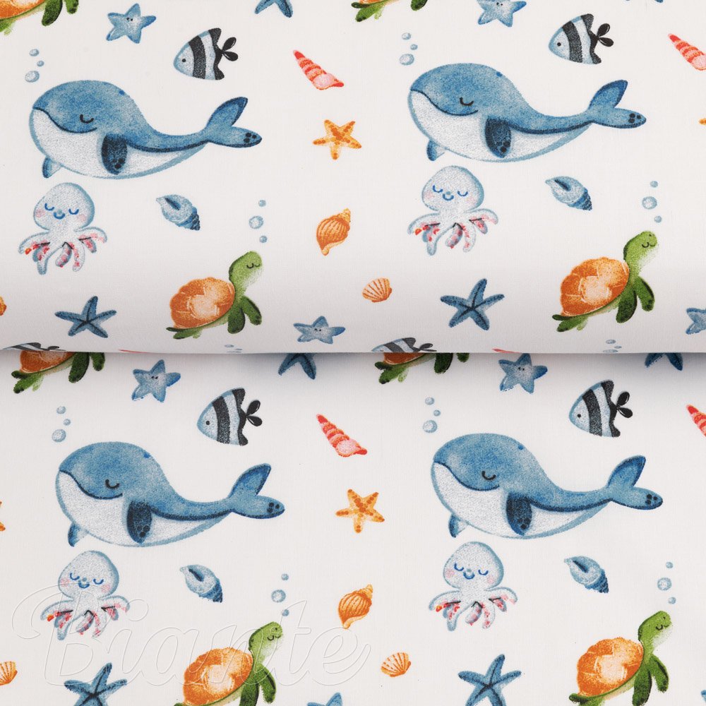 Dětská bavlněná látka/plátno Sandra SA-660 Modré velryby a mořská zvířátka na bílém - šířka 160 cm - detail 2 - Biante.cz