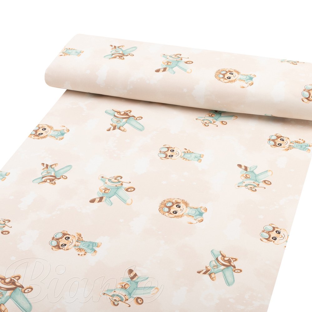 Dětská bavlněná látka/plátno Sandra SA-686 Lvíčata s letadýlky na světle béžovém - šířka 160 cm - detail 1 - Biante.cz