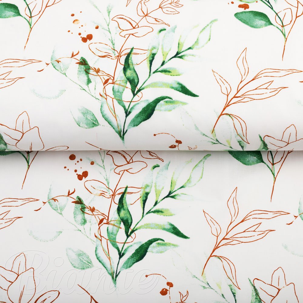 Bavlněná látka/plátno Sandra SA-706 Zeleno-hnědé větvičky s lístky na bílém - šířka 160 cm - detail 2 - Biante.cz