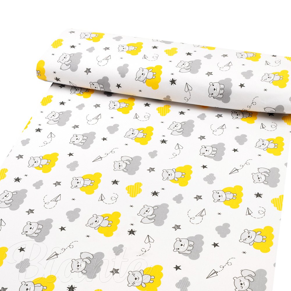 Dětská bavlněná látka/plátno Sandra SA-725 Medvídci na žluto-šedých mráčcích na bílém - šířka 160 cm - detail 1 - Biante.cz