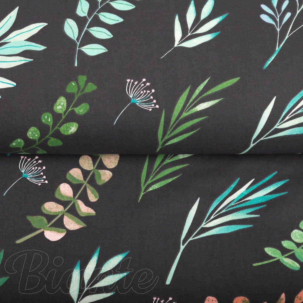 Bavlněná látka/plátno Sandra SA-556 Větvičky s lístky na černém - šířka 160 cm - detail 2 - Biante.cz