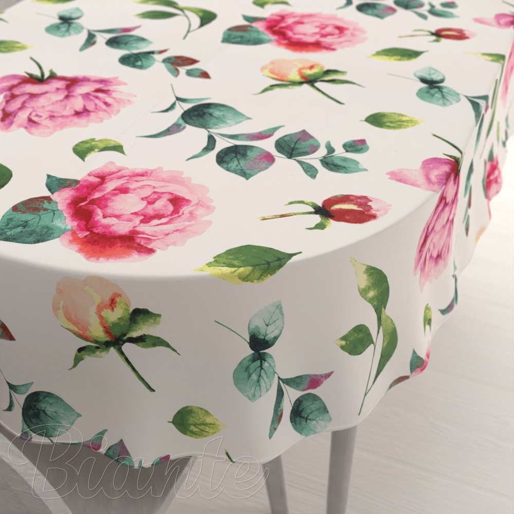 Bavlněný oválný ubrus Sandra SA-715 Velké růžovočervené pivoňky na smetanovém - Biante.cz