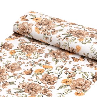 Bavlněná látka/plátno Sandra SA-458 Hnědé květy magnolie s motýlky na bílém - šířka 160 cm - detail 1 - Biante.cz