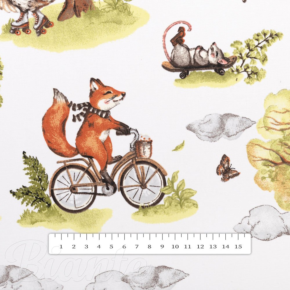 Dětská bavlněná látka/plátno Sandra SA-697 Lišky na kolách - zelené na bílém - šířka 160 cm - detail 3 - Biante.cz