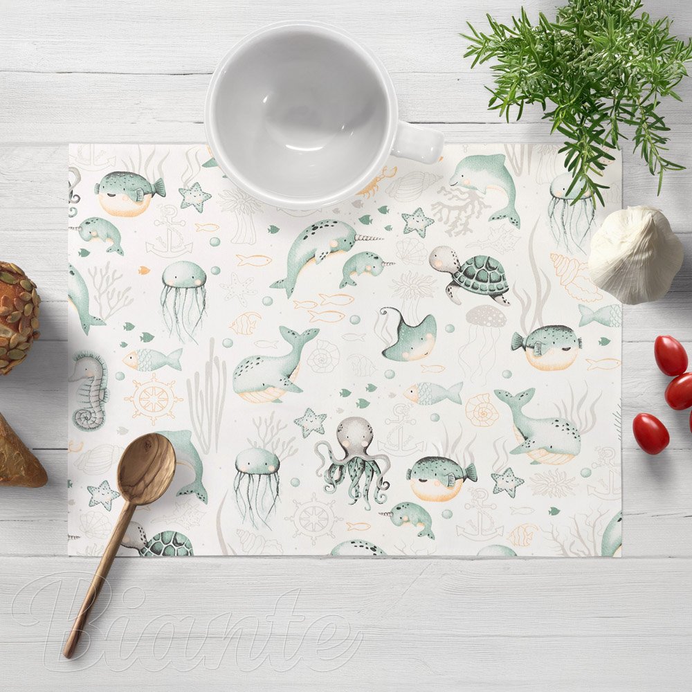 Dětské bavlněné prostírání na stůl Sandra SA-688 Mořský svět zelený na bílém - Biante.cz